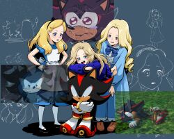  1boy 2boys 2girls 3girls aged_down alice's_adventures_in_wonderland alice_(alice_in_wonderland) animal_ears animal_nose apron black_fur blonde_hair blue_bow blue_bowtie blue_dress blue_eyes blue_jacket blush body_fur bow bowtie carrying child crossed_arms crossover diana_(pragmata) disney dress furry furry_male gloves hairband hands_on_own_hips hedgehog highres jacket kaiyuki04 long_hair long_sleeves looking_at_another marnie_(omoide_no_marnie) multiple_boys multiple_girls multiple_views omoide_no_marnie open_mouth pantyhose piggyback pleated_skirt pragmata puffy_short_sleeves puffy_sleeves red_eyes red_fur reference_inset sad screenshot_inset shadow_the_hedgehog shoes short_sleeves skirt smile sonic_(series) standing studio_ghibli tears white_gloves 