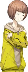  1girl arms_around_self bob_cut brown_hair brown_hood brown_hoodie coat collarbone facing_to_the_side facing_viewer from_side game_asset green_coat happy hood hood_down hoodie huke jacket long_sleeves nakase_katsumi official_art pink_shirt science_adventure shirt short_hair smile solo steins;gate steins;gate_0 t-shirt tachi-e tomboy transparent_background 
