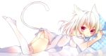  :3 animal_ears ass bare_shoulders cat_ears cat_tail chico152 colored_eyelashes leg_up looking_at_viewer naked_shirt no_panties on_stomach original pillow pink_eyes red_eyes short_hair solo tail thigh-highs thighhighs white_hair white_legwear 