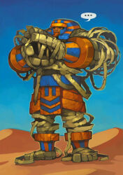  ... 1boy anakaris armor bandaged_leg bandages blue_sky dark-skinned_male dark_skin darkstalkers day desert fufuhol full_body helmet highres male_focus mummy mummy_costume outdoors sand sky solo speech_bubble spoken_ellipsis standing toes 