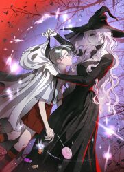  1boy 1girl bat_(animal) black_choker black_dress black_eyeshadow black_hat candy child choker closed_mouth commentary_request dress eyeshadow food grey_eyes grey_hair grey_lips halloween halloween_costume hat height_difference highres ian_(witch's_island) isabella_(witch's_island) kneehighs korean_commentary lace lace_choker large_hat lollipop long_hair makeup mother_and_child mother_and_son official_artist_extra parent_and_child pink_hair ppotatornado red_eyes shirt short_hair shorts socks striped_clothes striped_socks suspender_shorts suspenders white_shirt witch witch's_island witch_hat 