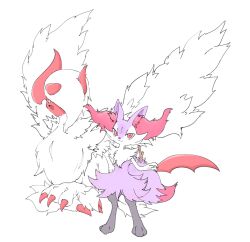  1girl :3 :d absol alternate_color animal_ear_fluff animal_ears asymmetrical_horns black_fur braixen claws commentary_request fang feathered_wings fox_ears fox_tail full_body furry furry_female hair_over_one_eye highres horns looking_at_viewer mega_absol mega_pokemon multicolored_fur one_eye_covered open_mouth pink_fur pokemon pokemon_(creature) purple_fur red_eyes s8iyt shiny_pokemon simple_background smile standing tail uneven_horns white_background white_fur white_wings wings 
