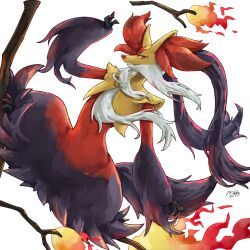  1other black_fur body_fur commentary_request delphox fang fire furry highres i_my_mo55 mega_delphox mega_pokemon multicolored_fur orange_eyes orange_fur other_focus pokemon pokemon_(creature) pokemon_focus riding simple_background smile solo stick tail white_background white_fur yellow_fur 