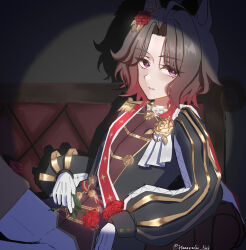  absurdres ahoge animal_ears black_jacket brooch brown_hair checkered_collar closed_mouth commentary ear_flower epaulettes flower flower_brooch four-pointed_star gloves gradient_hair hazawadai_ahzk highres holding holding_flower horse_ears horse_girl jacket jewelry long_sleeves looking_at_viewer multicolored_hair pants print_sash red_hair red_sash rose_kingdom_(racing)_(umamusume) rose_kingdom_(umamusume) sash short_hair single_epaulette sitting spotlight two-tone_hair umamusume vertical-striped_sleeves white_gloves white_pants 