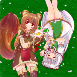 2girls animal_ear_fluff animal_ears armor atla_fayon belt black_dress black_hair blunt_bangs blunt_ends boots braid breasts brown_armor brown_belt brown_boots brown_hair child collared_dress commentary cowboy_shot dress english_commentary facing_viewer falling_petals flower grass green_dress hair_tubes high_collar highres holding holding_flower layered_dress leather leather_armor leather_boots long_hair long_sleeves looking_at_viewer lying medium_breasts metal_hair_tubes multicolored_hair multiple_girls neck_ribbon on_back on_ground pauldrons petals phantom-of-iori pink_eyes pinstripe_dress pinstripe_pattern raccoon_ears raccoon_girl raccoon_tail raphtalia red_dress red_ribbon ribbon short_dress short_sleeves shoulder_armor signature single_pauldron sleeveless sleeveless_dress straight_hair tail tate_no_yuusha_no_nariagari thigh_boots tiger_ears tiger_girl time_paradox twin_braids two-tone_dress two-tone_hair watermark white_dress white_hair yellow_trim zettai_ryouiki 