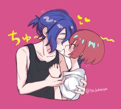  1boy 1girl amate_yuzuriha black_tank_top blue_hair blush closed_eyes commentary_request cropped_torso gundam gundam_gquuuuuux hetero highres holding_another's_wrist kiss mixed-language_commentary pink_background ponytail red_hair shirt short_hair short_ponytail short_sleeves shuji_ito simple_background tank_top tsu_bakimrro white_shirt 