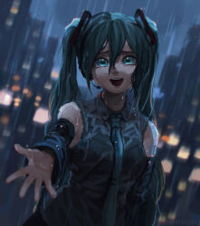  1girl absurdres aqua_eyes aqua_hair aqua_necktie bare_shoulders black_skirt black_sleeves building city city_lights clouds cloudy_sky collared_shirt crying crying_with_eyes_open dark_cloud detached_sleeves dutch_angle false_smile grey_shirt hair_between_eyes hatsune_miku headphones headset highres lily_(superkiiisa) long_hair looking_at_viewer necktie number_tattoo open_mouth pale_skin rain reaching reaching_towards_viewer sad_smile shirt skirt sky sleeveless sleeveless_shirt smile solo streaming_tears tattoo tears twintails very_long_hair vocaloid water_drop wet wet_clothes wet_hair wet_shirt wrinkled_fabric 