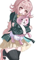  1girl :o animal_bag bag breasts brown_hair brown_skirt cat_bag danganronpa_(series) danganronpa_2:_goodbye_despair flipped_hair hair_ornament highres hood jacket long_sleeves looking_at_viewer medium_hair monomi_(danganronpa) nanami_chiaki open_clothes open_jacket pink_bag pink_eyes pink_ribbon pleated_skirt ribbon skirt tarutaru428 teeth thigh-highs upper_teeth_only 