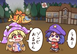  2girls aircraft american_flag_dress black_skirt blonde_hair blue_eyes blue_hair blush_stickers building chibi chibi_only clownpiece commentary_request dress fang fire flag hat hat_ornament helicopter highres jester_cap jiangshi long_hair miyako_yoshika multiple_girls neck_ruff night ofuda open_mouth outdoors outstretched_arms polka_dot polka_dot_headwear purple_hat red_eyes red_shirt resident_evil shirt shitacemayo short_sleeves skin_fang skirt smile speech_bubble star_(symbol) star_hat_ornament star_print striped_clothes striped_dress touhou translation_request tree very_long_hair zombie_pose 