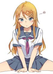 1girl arms_between_legs blonde_hair blue_eyes blush breast_pocket collarbone commentary cowboy_shot dot_nose grey_sailor_collar grey_skirt hair_between_eyes hair_ornament hair_over_shoulder hairclip hands_on_floor highres invisible_chair kousaka_kirino kousaka_kirino's_school_uniform light_frown long_hair looking_at_viewer nail_polish neckerchief ore_no_imouto_ga_konna_ni_kawaii_wake_ga_nai parallel_hairclips pink_neckerchief pleated_skirt pocket sailor_collar school_uniform shirt short_sleeves sidelocks simple_background sitting skirt solo split spread_legs takkun_(takkun20) thighs untranslatable_commentary white_background white_shirt 