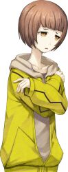  1girl arms_around_self bob_cut brown_hair brown_hood brown_hoodie coat collarbone facing_to_the_side from_side game_asset green_coat hood hood_down hoodie huke jacket long_sleeves looking_to_the_side nakase_katsumi official_art open_mouth pensive pink_shirt science_adventure shirt short_hair solo steins;gate steins;gate_0 t-shirt tachi-e tomboy transparent_background yellow_eyes 