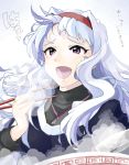  :d ahegao chopsticks hairband idolmaster jewelry long_hair mistrail necklace open_mouth purple_eyes shijou_takane silver_hair smile solo violet_eyes 