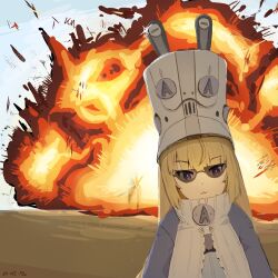  1girl :3 blonde_hair blue_jacket blue_sky closed_mouth commentary epsilontaueta explosion glasses grey_hat hat highres jacket large_hat long_hair looking_at_viewer norma_hollowell outdoors sky solo tinted_eyewear upper_body zenless_zone_zero 