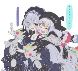  2girls :d ^_^ beret blue_dress blue_hairband bow closed_eyes commentary_request cowboy_shot dress eyes_visible_through_hair frilled_dress frills gothic_lolita grey_hair hair_over_one_eye hairband hat hug hug_from_behind jogasaki_noah lolita_fashion lolita_hairband long_hair long_sleeves looking_at_another mahou_shoujo_no_majo_saiban multi-tied_hair multicolored_hair multiple_girls natsume_an-an open_mouth polka_dot polka_dot_bow rune_(ru-nn) simple_background sleeves_past_fingers sleeves_past_wrists smile speech_bubble standing streaked_hair surprise_hug surprised very_long_hair violet_eyes white_background white_hair 