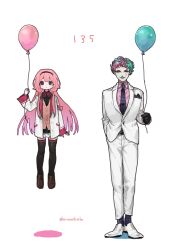  1boy 1girl balloon black_gloves black_necktie black_skirt black_thighhighs blue_eyes bow bowtie brown_cardigan cardigan clown_makeup commentary floating full_body gloves green_hair hairband hand_in_pocket height_difference highres holding holding_balloon jacket joe_rikiichi joe_rikiichi_(1st_costume) long_hair long_sleeves looking_at_viewer multicolored_hair necktie nijisanji open_clothes open_jacket otaku_23-gou pants pink_hair pink_shirt red_bow red_bowtie shirt shoes short_hair side-by-side simple_background skirt straight-on suit suo_sango suo_sango_(1st_costume) thigh-highs twitter_username untranslatable_commentary virtual_youtuber white_background white_jacket white_pants white_shoes white_suit 