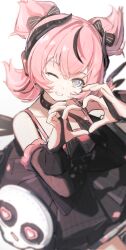  1girl absurdres aria_(human)_(discordant_note)_(zenless_zone_zero) aria_(human)_(zenless_zone_zero) aria_(zenless_zone_zero) bare_shoulders black_bridal_gauntlets black_choker black_hair black_streaks blue_eyes bridal_gauntlets choker collarbone commentary crossed_bangs four-finger_heart_hands grin hair_between_eyes heart heart_hands highres looking_at_viewer multicolored_hair official_alternate_costume one_eye_closed pink_hair quad_tails simple_background skull_ornament smile solo streaked_hair vespark white_background zenless_zone_zero 