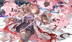  1girl absurdres animal animal_ears arknights brown_hair character_name closed_mouth coat curled_horns dolly_(arknights) eyjafjalla_(arknights) eyjafjalla_the_hvit_aska_(arknights) feet_out_of_frame highres holding holding_staff horns index_finger_raised long_hair long_sleeves looking_at_viewer lying mento official_alternate_costume on_back pantyhose paper pointing pointing_at_viewer purple_shirt rainbow red_eyes sheep sheep_ears sheep_girl sheep_horns shirt smile solo staff white_coat white_horns 