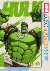  1boy abs absurdres arms_up biceps character_name clenched_hands colored_skin commentary english_commentary green_skin highres hulk marvel marvel_tokon:_fighting_souls muscular muscular_male official_art open_mouth pectorals pelt shoulder_spikes single_shoulder_pad solo spikes strap upper_body wide_mouth 
