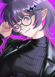  1girl absurdres black_jacket black_sweater blue_eyes breasts closed_mouth glasses highres hololive hololive_english jacket looking_at_viewer ninomae_ina'nis pink_nails pointy_ears purple_background purple_hair round_eyewear small_breasts smile solo sweater tentacle_hair turtleneck turtleneck_sweater virtual_youtuber yorn_(yor_n) 