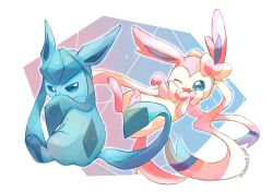  biting blue_eyes caramel_pkmn commentary_request fang full_body highres looking_back no_humans one_eye_closed open_mouth pokemon pokemon_(creature) pokemon_focus smile sylveon vaporeon 