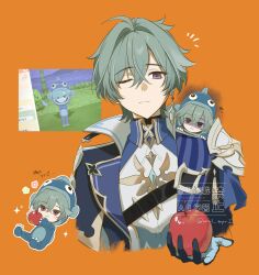  3boys absurdres ahoge animal_costume armor aura belt belt_collar black_belt black_gloves blue_gloves blue_shirt choker closed_mouth coat collar collared_shirt commentary_request dark_aura earrings expressionless fish_costume food fruit game_screenshot_background genshin_impact gloves green_hair hair_between_eyes highres holding holding_food holding_fruit jewelry lohen_(genshin_impact) long_sleeves looking_at_viewer male_focus mole mole_under_eye multicolored_eyes multicolored_gloves multiple_boys notice_lines one_eye_closed parted_lips screenshot_background screenshot_inset shirt short_hair shoulder_armor single_earring smile solo tomodachi_life two-tone_gloves upper_body yellow_background 