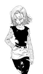  1girl android_18 belt belt_buckle black_vest buckle closed_mouth commentary cowboy_shot crop_top denim denim_skirt dragon_ball dragon_ball_z earrings english_commentary floating_hair greyscale hand_in_pocket highres jewelry looking_to_the_side messy_hair miniskirt monochrome pantyhose roub3d screentones shirt short_hair signature simple_background single_earring skirt solo striped_sleeves torn_clothes torn_pantyhose vest walking white_background wind 