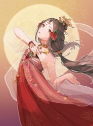  1girl absurdres bird_hair_ornament bracelet brown_eyes brown_hair chinese_clothes chinese_commentary choker commentary_request dress eyelashes eyeshadow facial_mark feather_hair_ornament feathers feet_out_of_frame floating_hair floral_print flower flower_facial_mark flower_symbol forehead_jewel forehead_mark full_moon gem gem_hair_ornament gold_choker gold_necklace green_gem hagoromo hair_bun hair_ornament hair_tubes hand_on_own_chest highres jacket jewelry leaning_back light_particles lipstick long_hair long_sleeves lotus low_twintails makeup moon necklace nikki_(series) outdoors outline parted_lips pink_eyeshadow pleated_dress pointy_nose print_dress red_dress red_lips see-through_clothes see-through_jacket shawl shining_nikki sight_of_the_moon_(shining_nikki) single_bare_shoulder single_hair_bun solo strapless strapless_dress sunset tassel topknot twintails very_long_hair white_jacket white_outline wide_sleeves yitiao_suancai_gou 