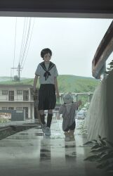  1girl 1other after_rain animal_hood black_hair black_skirt bridge building child closed_umbrella clouds cloudy_sky commentary day highres hill holding holding_umbrella hood hood_up kneehighs kusamie mask original outdoors overpass pleated_skirt power_lines puddle railing rain raincoat reflection road sailor_collar school_uniform see-through_clothes see-through_raincoat serafuku shoes short_hair short_sleeves sidewalk skirt sky slice_of_life sneakers socks umbrella untranslatable_commentary utility_pole walking wet wide-eyed 