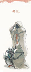  2others absurdres animal arknights commentary_request covered_face frostfang_(arknights) gloves highres hood hood_up material_growth multiple_others oripathy_lesion_(arknights) petting rokunose sarkaz_caster_(arknights) scratching_head simple_background tail tail_wagging white_background yeti_squadron_(arknights) 