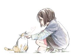  1117516_547 1boy absurdres aged_down animal black_hair black_shirt black_shorts blunt_ends brown_eyes calico_(pattern) calico_cat cat child closed_mouth commentary_request from_side haikyuu!! heart highres kneeling korean_commentary kozume_kenma long_sleeves male_focus outstretched_arm petting profile shirt short_hair short_sleeves shorts solo striped_clothes striped_shirt t-shirt white_background 