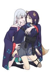  2girls animal_ears arm_around_shoulder bare_shoulders blue_eyes blue_nails blush cho_kaguya-hime! collarbone commentary_request cover cover_page face-to-face fishnet_thighhighs fishnets fox_ears fox_tail green_eyes grey_hair halterneck hand_on_another's_hip highres kneeling long_hair multicolored_eyes multiple_girls nb164 open_mouth pink_eyes pink_hair purple_nails runami_yachiyo sakayori_iroha short_hair simple_background single_fishnet_legwear smile tail textless_cover_page textless_version thigh-highs white_background yuri 