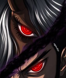  2boys artist_name black_hair colored_skin commentary dark-skinned_male dark_skin demon_boy dracule_mihawk english_commentary facial_hair highres horns long_hair long_sideburns looking_at_viewer male_focus multiple_boys nerona_imu oghumantripod one_piece red_eyes short_hair sideburns thick_eyelashes twitter_username white_hair 