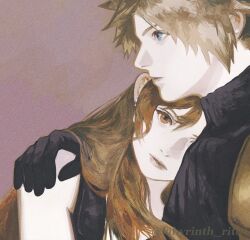  1boy 1girl bare_shoulders black_gloves blonde_hair blue_eyes brown_eyes brown_hair closed_mouth cloud_strife commentary couple earrings final_fantasy final_fantasy_vii final_fantasy_vii_remake gloves hair_between_eyes hand_on_another's_shoulder head_on_another's_shoulder hetero jewelry leaning_on_person lips long_hair parted_lips profile short_hair spiky_hair suspenders sweater tifa_lockhart tori_(labyrinth_fft) turtleneck turtleneck_sweater twitter_username upper_body 