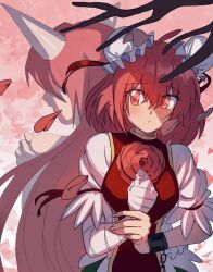  2girls ahoge back-to-back bandaged_arm bandages blush branch breasts bun_cover closed_mouth colorful_background commentary_request cuffs double_bun dual_persona facing_viewer fingernails floating_hair flower frown grey_horns hair_between_eyes hair_bun hair_over_one_eye hand_on_own_shoulder hand_on_own_wrist hand_up highres horns ibaraki_douji_(touhou) ibaraki_kasen large_breasts long_hair medium_hair multiple_girls open_mouth petals pink_background pink_hair red_eyes red_flower red_ribbon red_rose red_tabard ribbon rose shackles shirt short_sleeves sideways_glance tabard touhou turtle-kun upper_body white_background white_shirt wild_and_horned_hermit 