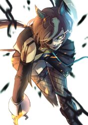  1girl animal_ears asymmetrical_gloves belt bent_over black_gloves blue_belt blue_necktie brown_hair commentary_request detached_sleeves eye_trail eyepatch fishnet_pantyhose fishnets gloves glowing glowing_eye hair_over_one_eye hasewo highres horse_ears horse_girl horse_tail jacket light_trail long_sleeves looking_at_viewer mismatched_gloves multicolored_hair necktie o-ring o-ring_thigh_strap open_mouth pantyhose pendant_choker running shirt short_hair shorts sleeveless sleeveless_jacket smile solo streaked_hair tail tanino_gimlet_(embodiment_of_keravnos)_(umamusume) tanino_gimlet_(umamusume) teeth thigh_strap umamusume white_gloves white_hair white_shorts yellow_eyes yellow_shirt 