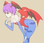  bare_shoulders bat_wings bent_over bridal_gauntlets capcom elbow_gloves finger_to_mouth flat_chest flat_color gloves hamachixyz head_wings leotard lilith_aensland pantyhose print_pantyhose purple_hair red_eyes short_hair simple_background solo vampire_(game) wings 