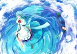 blue_hair blue_sky cloud clouds from_above hat hat_removed headwear_removed highres hinanawi_tenshi long_hair long_skirt nishiuri red_eyes reflection ripples skirt sky smile solo standing_on_water sword sword_of_hisou touhou water weapon wind