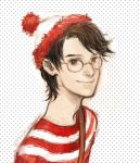  bag black_hair brown_eyes brown_hair glasses hat looking_at_viewer male onose1213 patterned_background polka_dot polka_dot_background short_hair signature simple_background smile solo striped striped_shirt waldo wally where&#039;s_wally where's_wally 