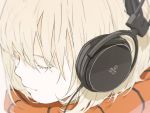  1girl audio-technica blonde_hair close-up closed_eyes face from_above headphones highres loundraw original scarf short_hair smile solo 