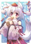  animal_ears bell betei blush breasts detached_sleeves eating erect_nipples food hat inubashiri_momiji jingle_bell large_breasts red_eyes solo tail tokin_hat touhou white_hair wolf_ears wolf_tail 