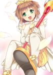  :d antenna_hair aqua_eyes blush brown_hair card_captor_sakura cardcaptor_sakura child elbow_gloves feathers fuuin_no_tsue gloves highres holding kinomoto_sakura looking_at_viewer magical_girl open_mouth shoes short_twintails simple_background smile solo thigh-highs thighhighs twintails two_side_up wand white_legwear yukityasoba 