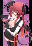  :q bat_wings bespectacled black_legwear breasts cleavage demon_tail glasses head_wings highres koakuma long_hair pointy_ears red_eyes red_hair redhead sawade skirt solo tail thigh-highs thighhighs tongue touhou wings zettai_ryouiki 