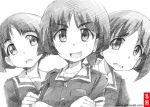  3girls artist_name girls_und_panzer gofu gotou_moyoko konparu_nozomi looking_at_viewer mechanical_pencil monochrome multiple_girls open_mouth pencil school_uniform short_hair sono_midoriko traditional_media uniform 