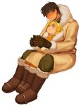  1boy 1girl alice_l_malvin blonde_hair boots coat ferri_yang fur_collar gloves highres military military_uniform pumpkin_scissors randal_orlando scar size_difference uniform 