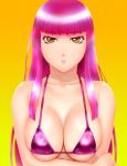  bangs bare_shoulders blunt_bangs breast_hold breasts cleavage collarbone colored_eyelashes crossed_arms large_breasts long_hair looking_at_viewer original pink_hair shiny shiny_hair simple_background solo ueyama_michirou yellow_background yellow_eyes 
