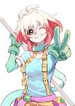  aosa_(momikin) bad_id bust grin momikin multicolored_hair pascal polearm red_hair redhead shirt short_hair simple_background smile solo tales_of_(series) tales_of_graces two-tone_hair v weapon white_background white_hair wink yellow_eyes 