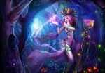  bare_shoulders boots bracelet breasts character_request cleavage dress emilia_leblanc facial_mark flower hair_flower hair_ornament highres jewelry large_breasts league_of_legends leblanc_(league_of_legends) lips long_hair magic mushroom nature necklace pink_eyes pink_hair solo staff thighhighs tree xiaoguimist 