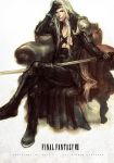  couch crossed_legs final_fantasy final_fantasy_vii green_eyes hand_on_own_face katana legs_crossed long_hair onose1213 sephiroth silver_hair sitting sword title_drop weapon 