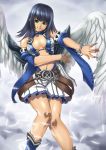  angel black_hair bracelet breasts center_opening copyright_request green_eyes highres jewelry long_hair navel paintedmike skirt smile solo wings 