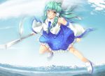  bare_shoulders cloud clouds detached_sleeves dress flying frog_hair_ornament from_above gohei green_hair hair_ornament hair_tubes kochiya_sanae long_hair looking_at_viewer maki_(seventh_heaven_maxion) motion_blur nature sky smile solo touhou yellow_eyes 